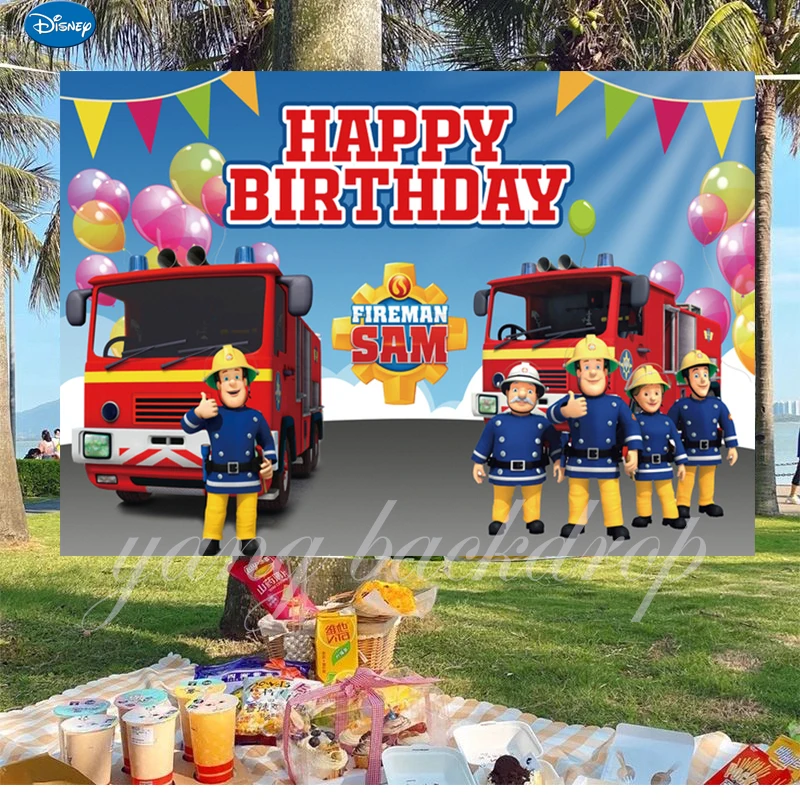 

Fireman Sam Photography Backdrop Baby Shower Boys Firefighter Engine Birthday Party Photo Background Prop Booth Decor Banner