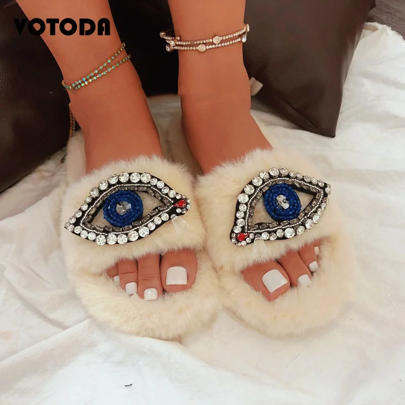 Winter Plush Slippers Women Shoes Luxury Rhinestone Eyes Cotton Home Flat Slides Furry Warm Flip Flops Anti-slip Slippers 35-42