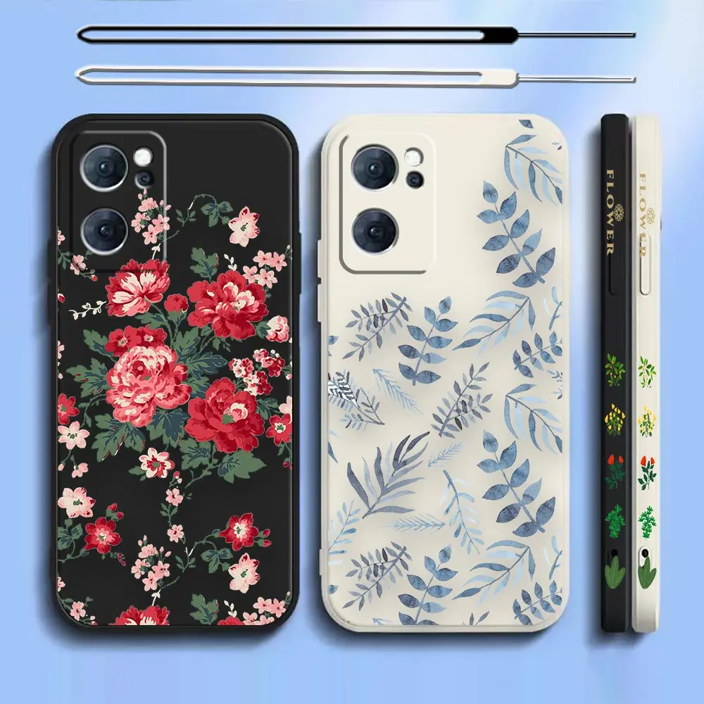 

Vintage Retro Petal Bouquet Case For OPPO Reno 4 4SE 4Z 4F 3 2 2F 2Z ACE Z Pro Lite 4G 5G Liquid Silicone Left Rope Cover Funda