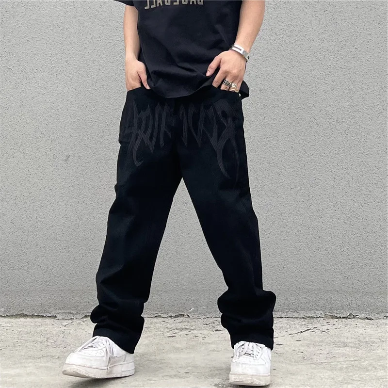 Four Seasons Y2K Emo Men Fashion Black Street Embroidery Low Cut Loose Jeans Straight Pants Hip Hop Jeans Men Pants Clothes Men