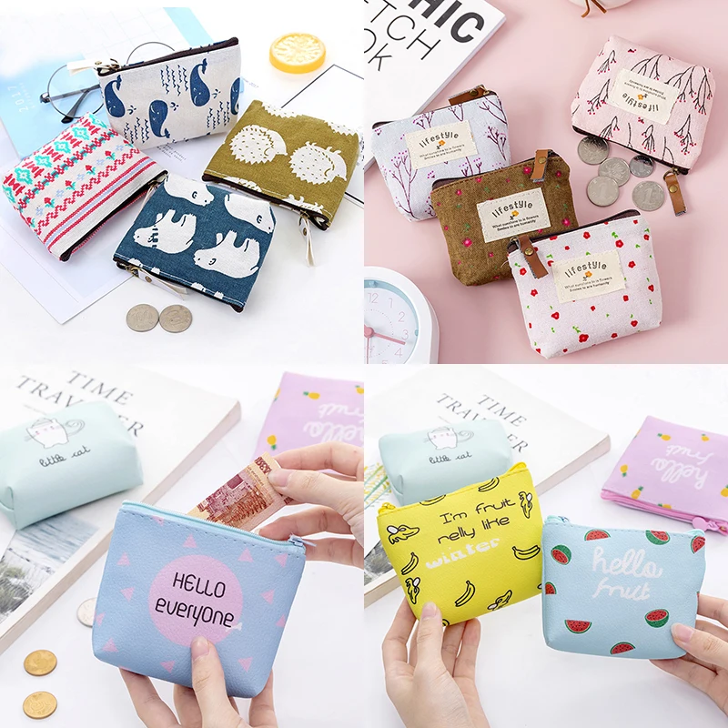 

Coin Purse Canvas Wallet Key Card USB Cable Bag Mini Cute Floral Printing Cartoon Coin Holder Girls Women Coin Wallet Bag Pouch