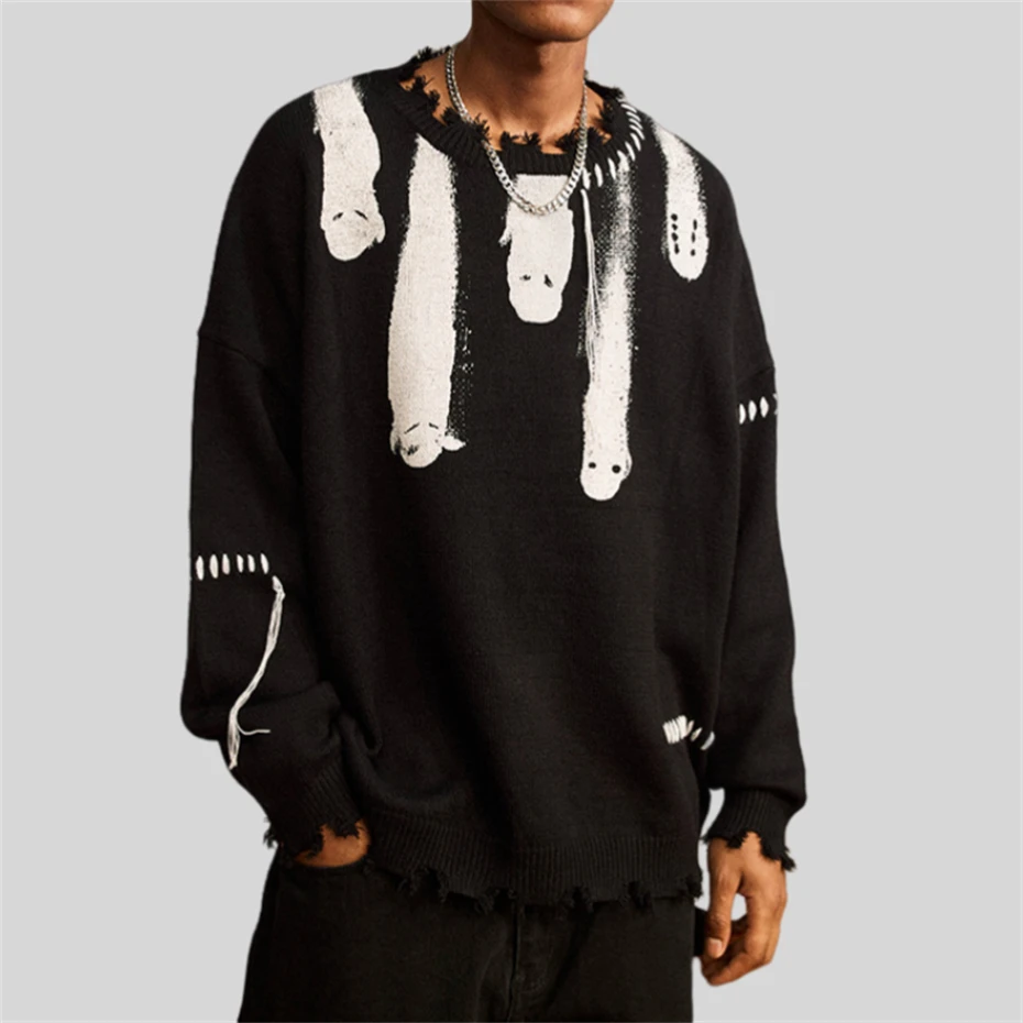 Свитера в стиле хип-хоп уличная одежда Y2K рваный призрачный принт панк Хэллоуин