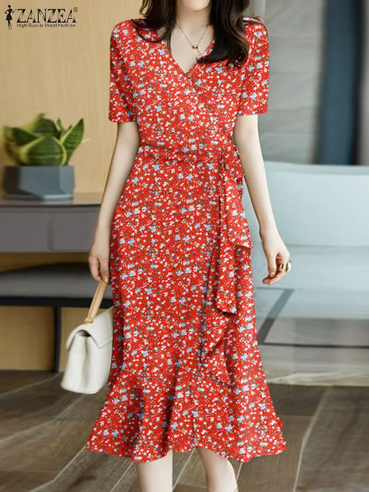 

ZANZEA Elegant Short Sleeve Vestidos Draped Women Ruffled Hem Slim Wrap Dresses Floral Print Bohemian Fashion V-neck Midi Dress