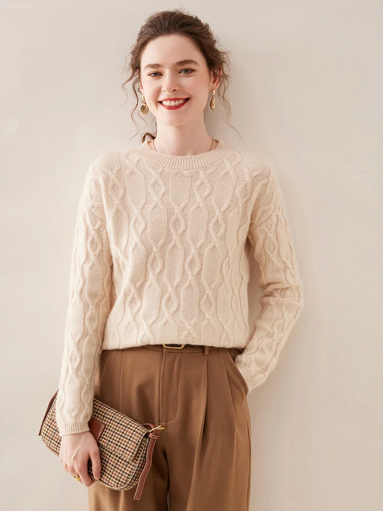 Женский кашемировый свитер теплый плотный мягкий пуловер с круглым вырезом