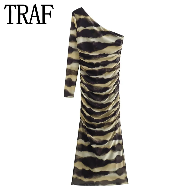 

TRAF Asymmetric Tulle Long Dress Women Ruched Mesh Midi Bodycon Dress 2023 Summer Off Shoulder Long Sleeve Elegant Party Dresses