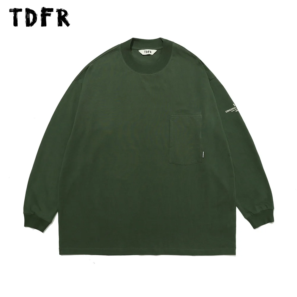 

Letter Print Long Sleeve T-shirt Mens Pocket Autumn Streetwear Casual Loose Crew Neck Cotton Tee Men Top