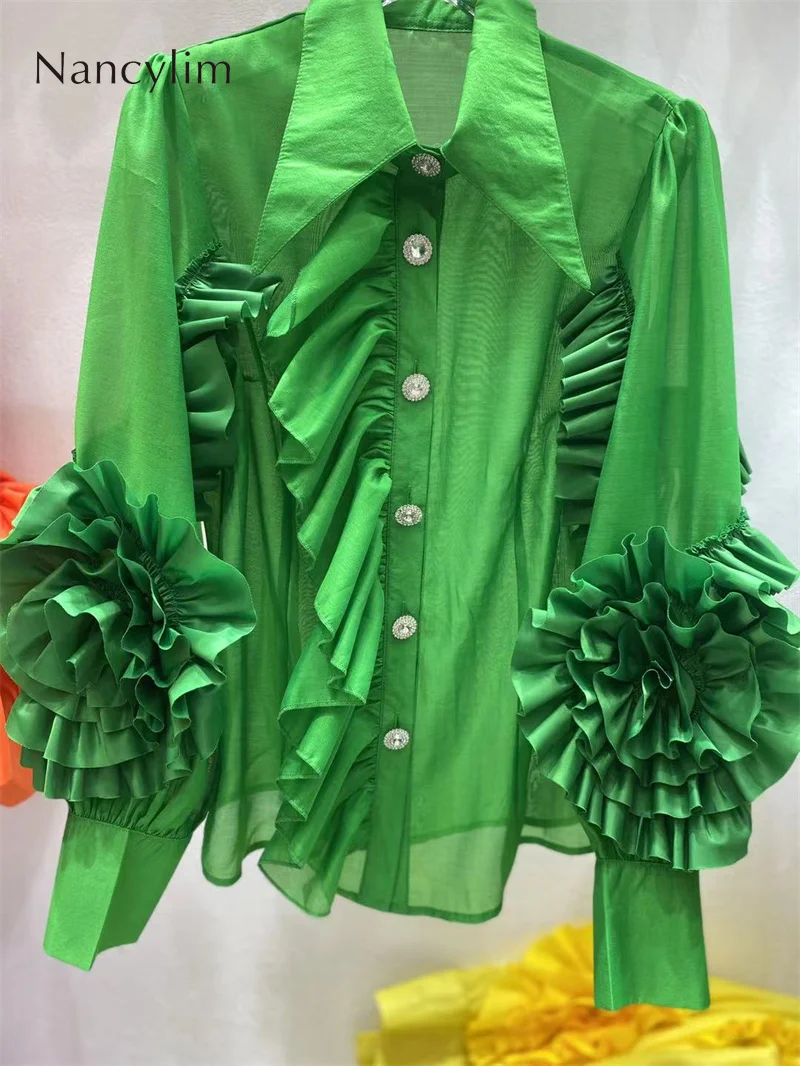 

Women's Top 2022 Spring New Three-Dimensional Flower Design Ruffled Drill Buckle Shirt Lapel Single Breasted Long Sleeve Blouses