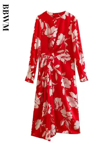 2023 Flower Print Midi Dress Woman Vintage Long Dress Women Fashion Round Neck Dress Long Sleeve Chic Elegant Dresses For Women