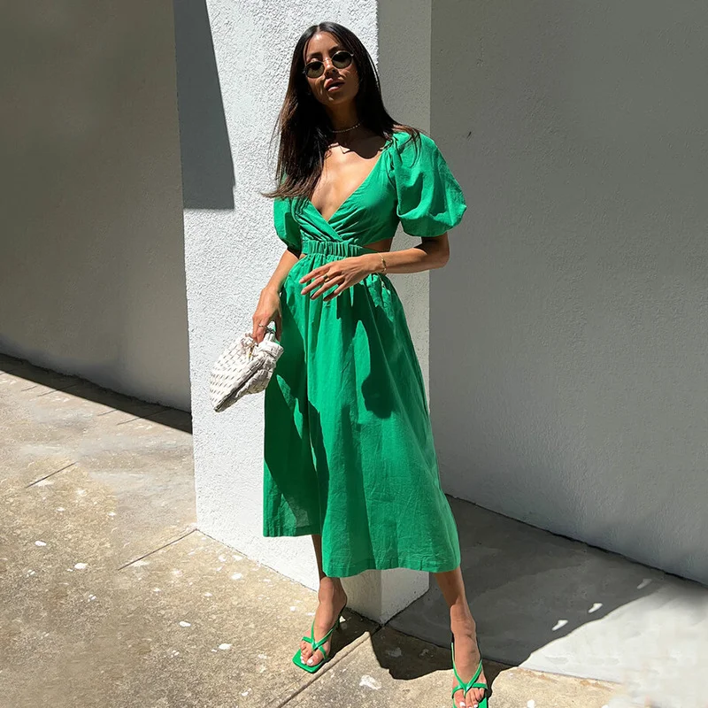 

Женское Хлопковое платье-макси с вырезом на талии, зеленое Элегантное Длинное Платье из эластичного хлопка с рукавами-фонариками и открыто...