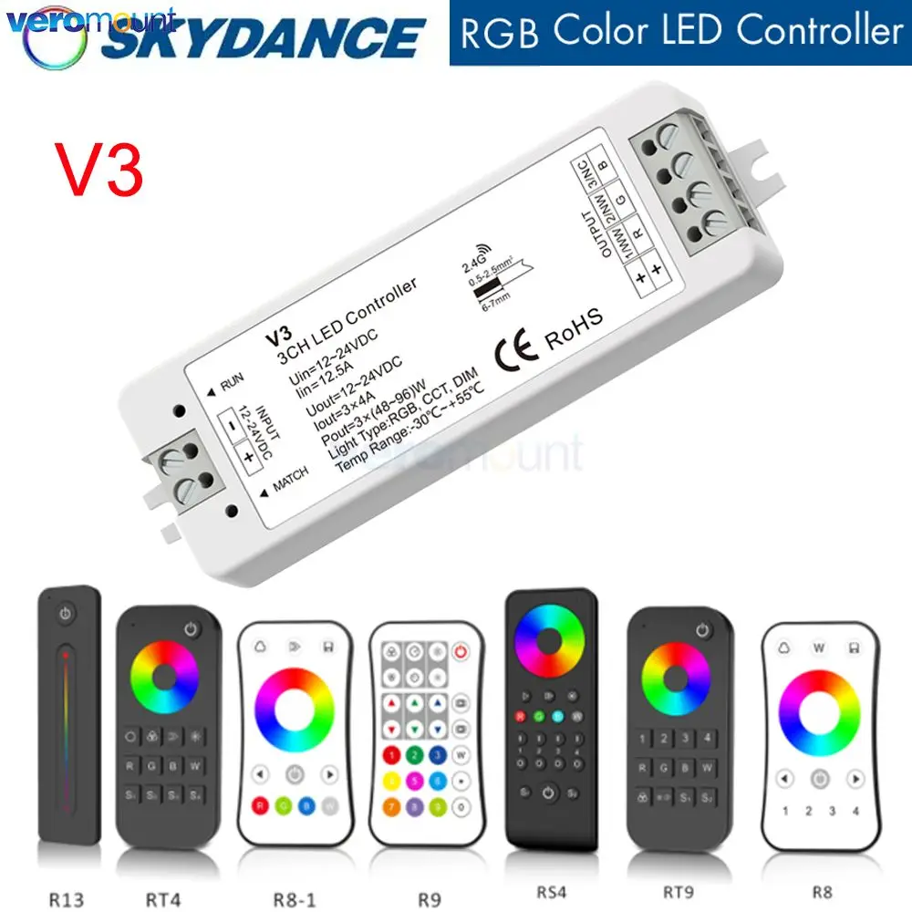 Skydance V3 телефон, контроллер RGB, 12-24 В, стандарт RGB, беспроводная идентификация 2,4G RF, 3-канальный телефон, Радиочастотный пульт дистанционного управления