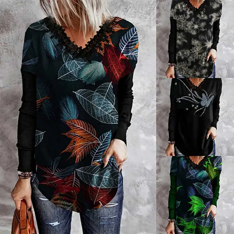 

Women's Clothing Temperament Commute V-Neck Tree Leaf Butterfly Printing Long Sleeve Loose Oversized T-Shirt Casual Female Top