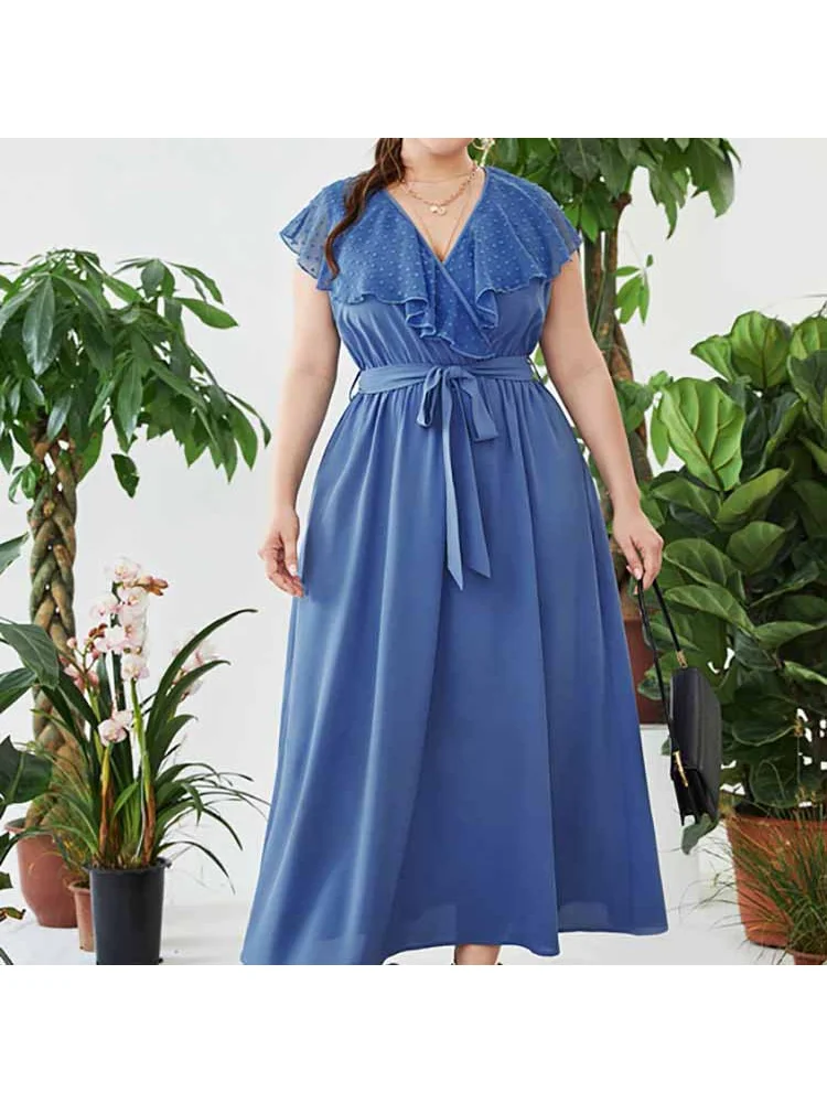 Plus-size maxi skirt tummy cover V-neck elasticated waist print dress panels plus size women clothing