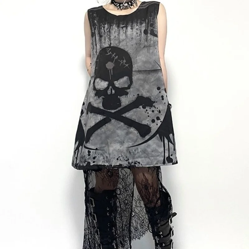 

Y2K Gothic Dark Punk O Neck Sleeveless Tank Skull Dress Long T-Shirt Dresses Vestidos Clothes Print Maxi Vest