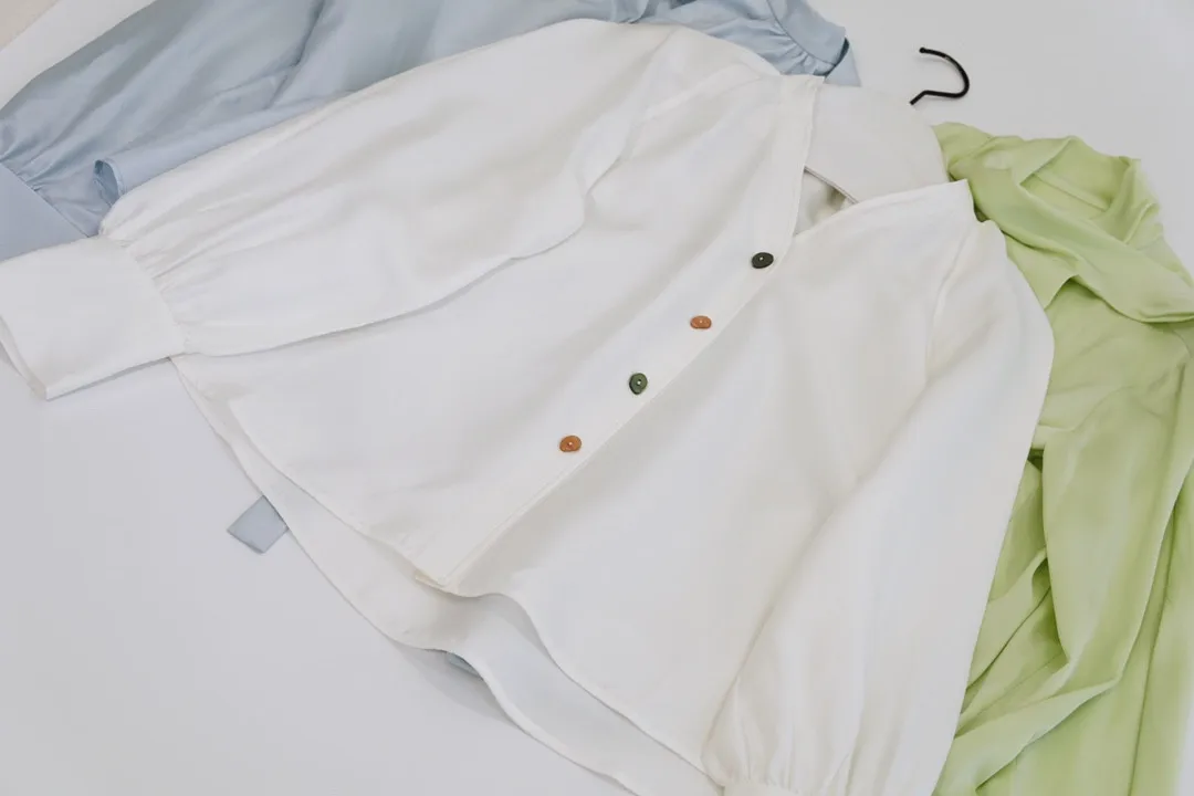 

Top T-shirt Sweatshirt Woman Shirt Blouse Long Sleeve Fashion 2022 Clothing Female Summer Silk Turquoise Button Bubble Sleeve