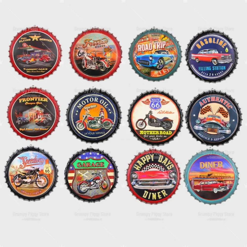 

Car Motor Oil Signs Vintage Metal Beer Bottle Cap Tin Sign Round Plates Hanging Crafts Garage Bar Motorcycle Club Decor Plaques