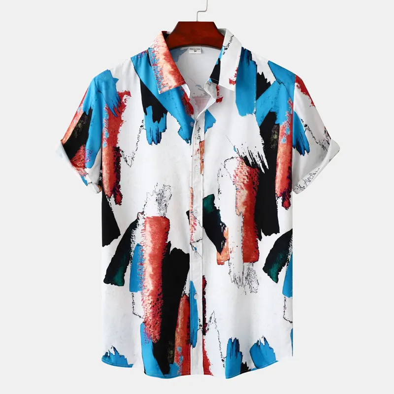 

Male Short Sleeve Summer Irregular Graphic Print Shirts Casual Turn-Down Collar Men's Clothing Beach Tops