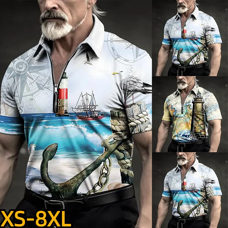 

2023 Summer New Top Casual Zipper T-shirt Men's Pullover Men's POLO Shirt Tie-dyed Printed T-shirt Fashion Lapel Short Sleeve
