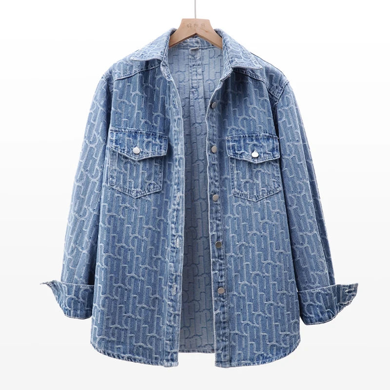 

Mid Long Embroidery Jacquard Print Denim Jacket Coat Women Loose Casual Cowboy Outerwear Fashion Big Pocket Jeans Jacket Female