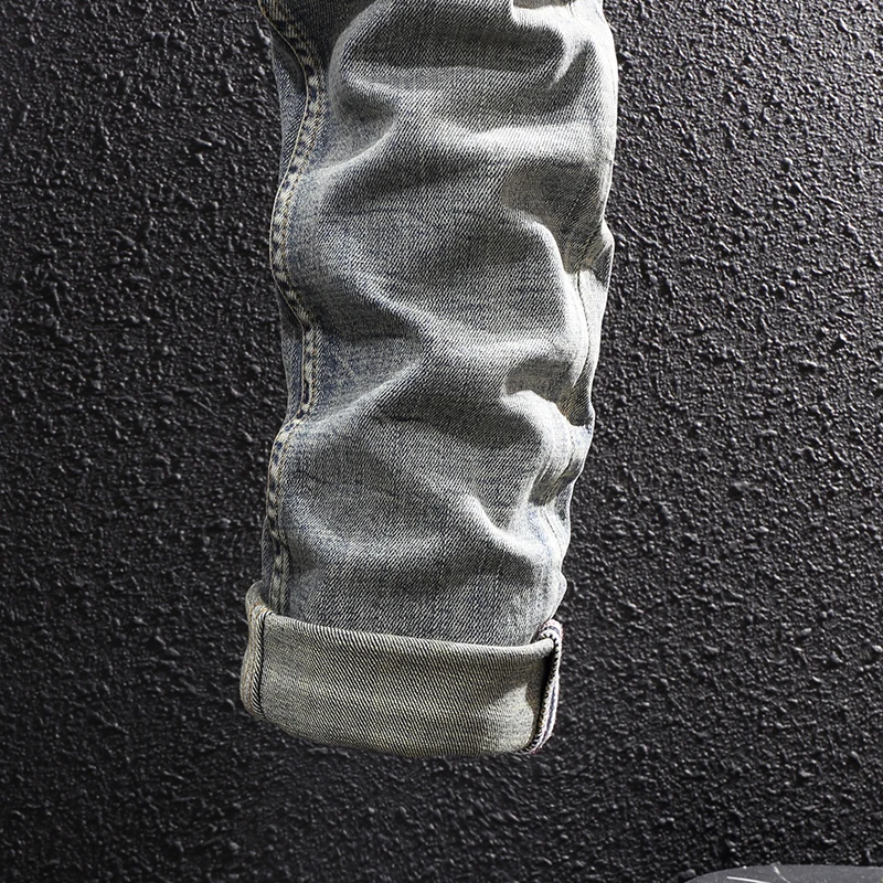 Newly Designer Fashion Men Jeans Retro Blue Elastic Stretch Slim Ripped Jeans Men Patchwork Vintage Casual Denim Pants Hombre