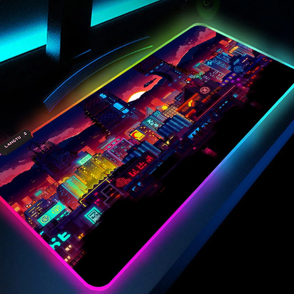 

Buildings Neon Pixel Mouse Pad Rgb Extended Pad Laptop Gamer Rug Deskpad Gaming Pc Desk Mat Gaming Decoration Office Accessories