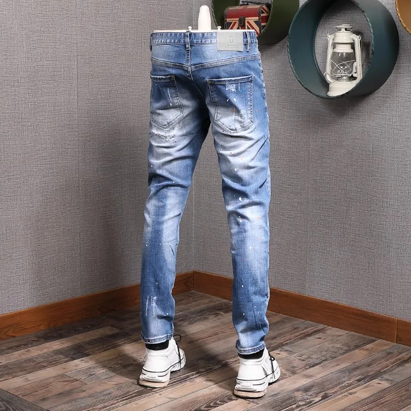 Streetwear Fashion Men Designer Men Jeans Retro Light Blue Elastic Stretch Slim Fit Ripped Jeans Men Korean Vintage Denim Pants