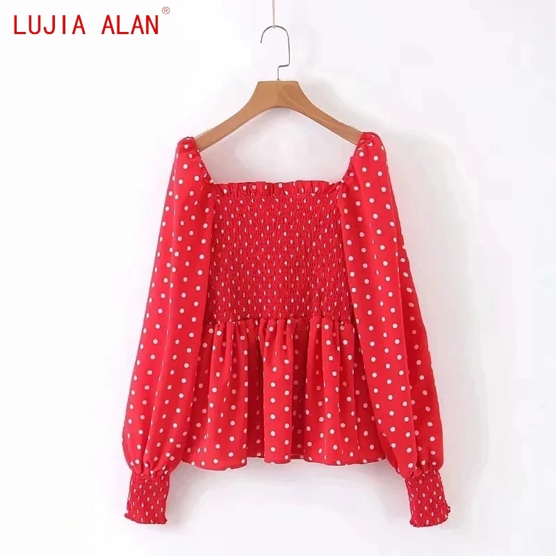 Женская рубашка в горошек с квадратным воротником и длинным рукавом S6589