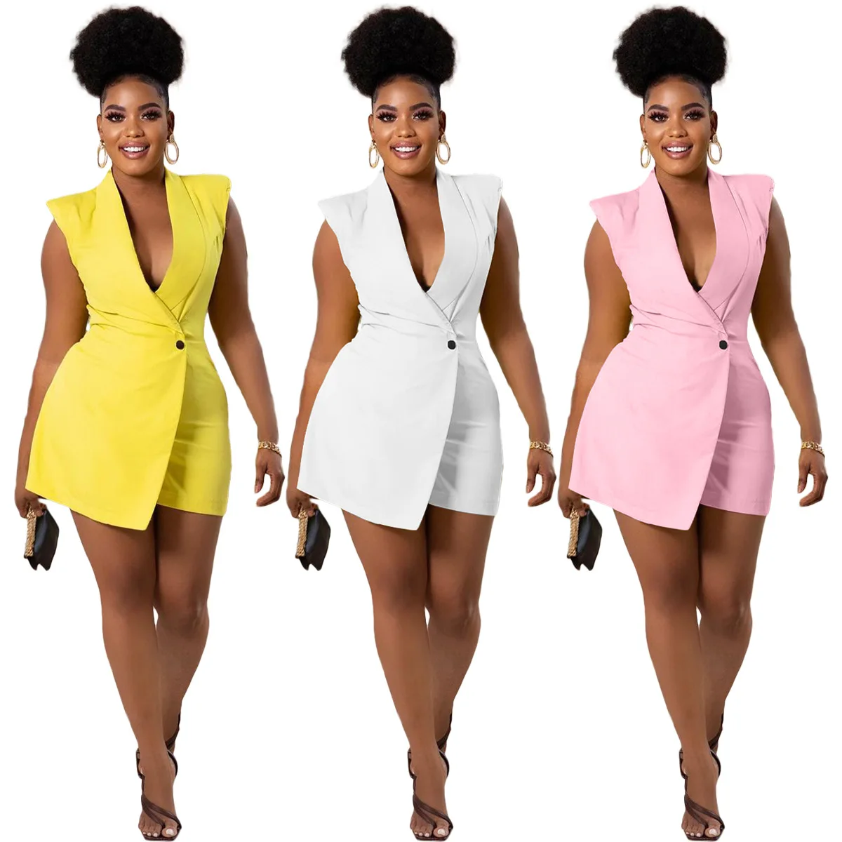 European and American casual women's solid color invisible zipper sexy small suit jumpsuit