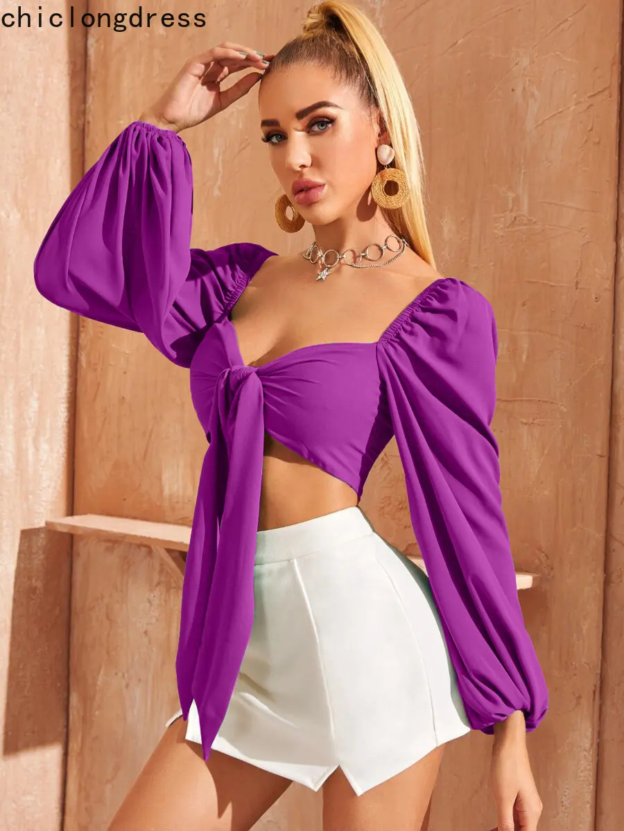 

Женская модная пикантная рубашка на шнуровке, однотонный короткий пуловер с пышными рукавами на шнуровке для весны и лета 2023