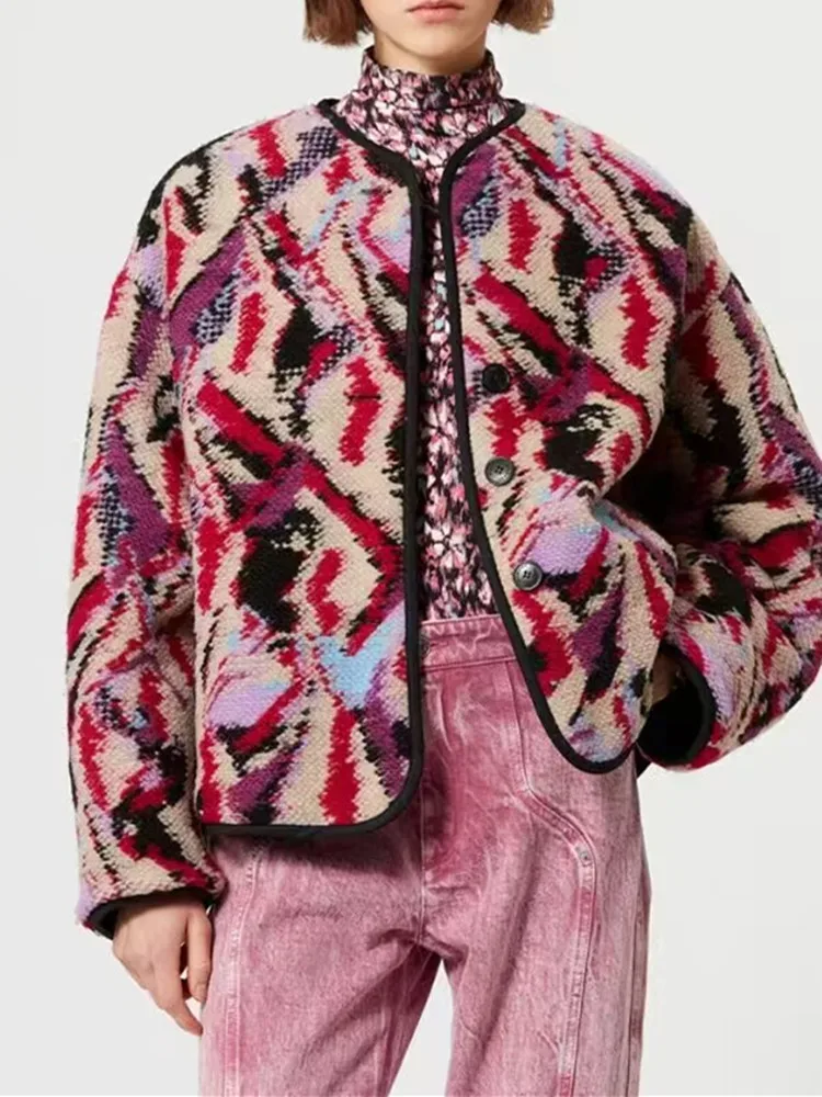 

Женское однобортное пальто из смешанной шерсти, свободная куртка с длинным рукавом и круглым вырезом, с разноцветным принтом, для осени и зимы