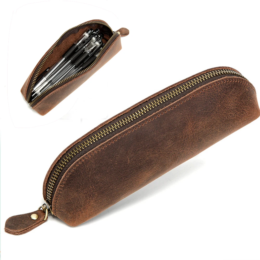 

Portable Retro Genuine Leather Pencil Bag Stationery Small Zipper Bags Sundries Storage Pouch Home Office Accessories