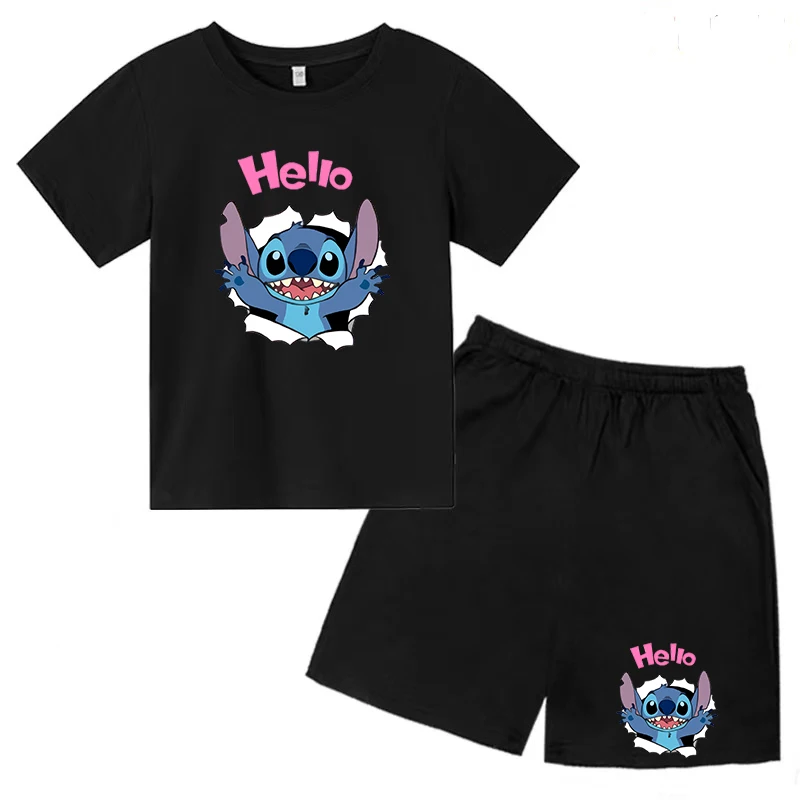 2023 Children's Kawaii Disney Lilo Stitch T-shirt Summer Charming Graphic Cartoon Shorts Shirt Boy Girl Baby 3-12 Year Old Suit