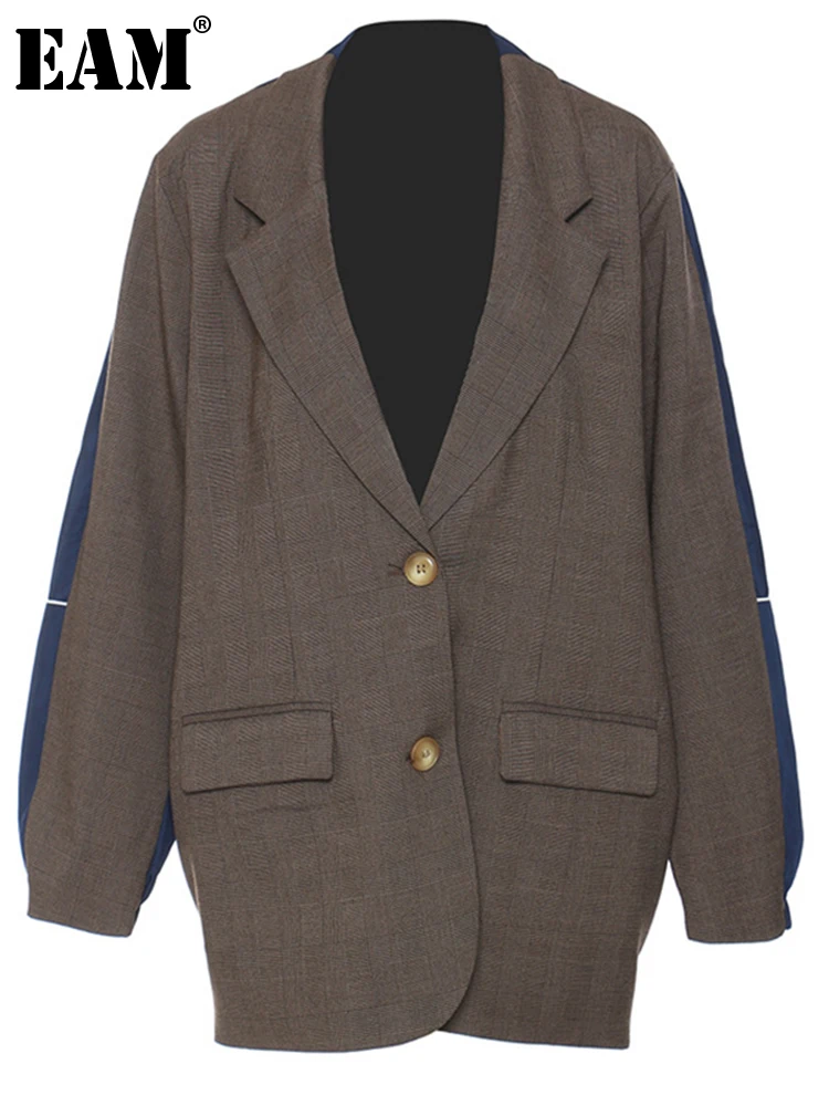 [EAM] Женский Белый Джинсовый блейзер большого размера с отворотом длинный рукав