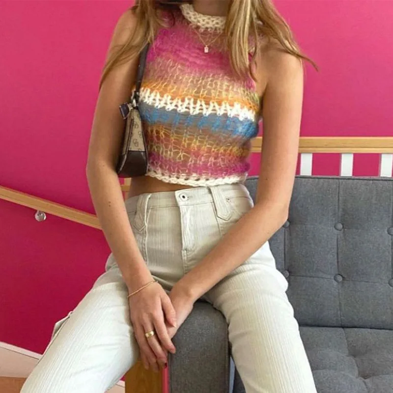 Summer Y2k Knitted Vest For Women Patchwork Crop Top O Neck Sleeveless Soft Girls Tank Tops Party Club Camis Aesthetic Knitwear