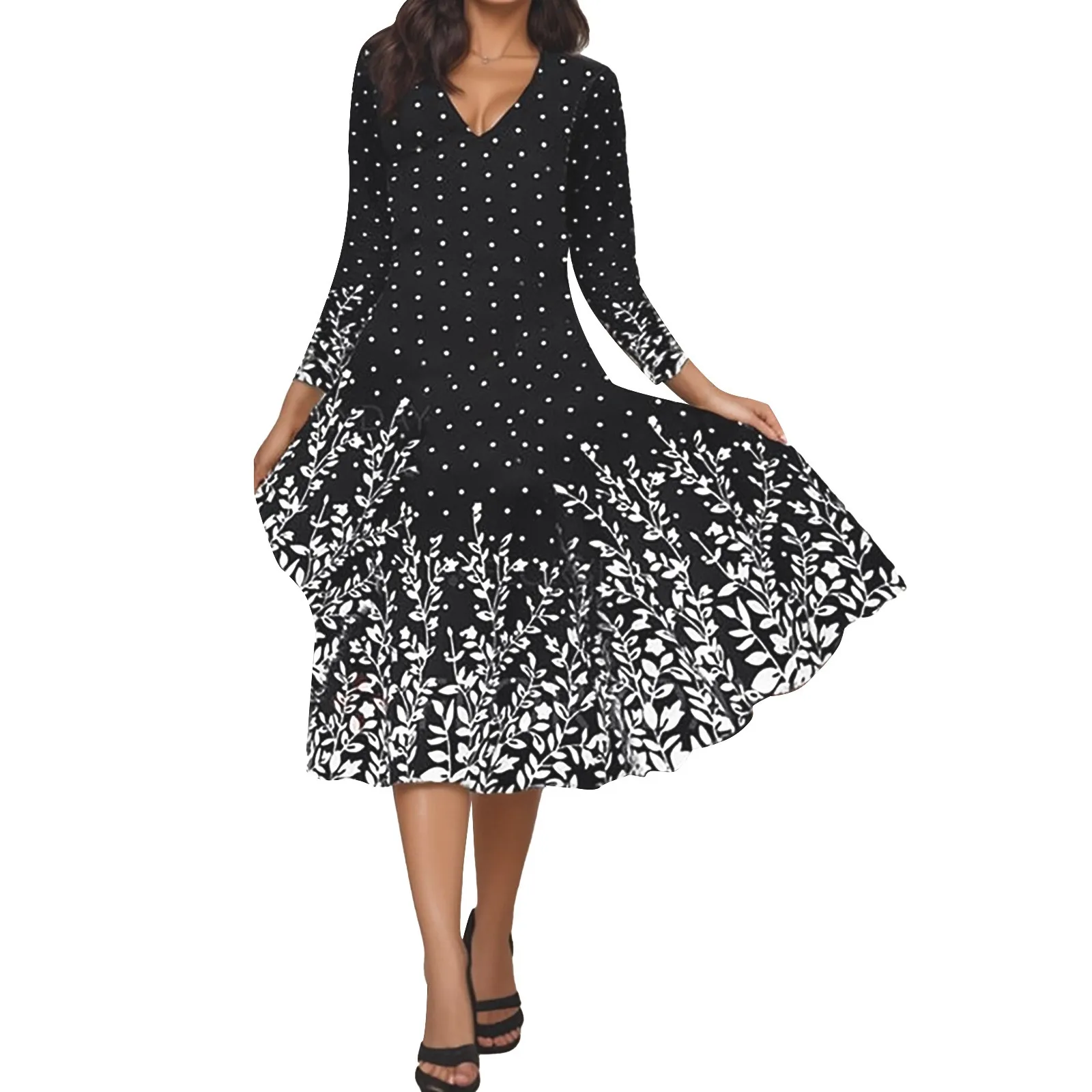 

Ladies Simple Fashion Long Sleeve V Neck Button Design Unique Printed Mid Length Dress Dresses for Young Ladies