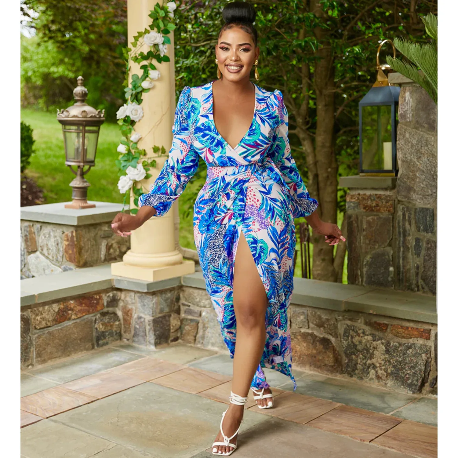 

Cutubly Floral Long Dresses Fashion Long Sleeve Deep V-Neck Lace Up Sexy Split Prom Birthday Dress Club Party Lady Vestidos