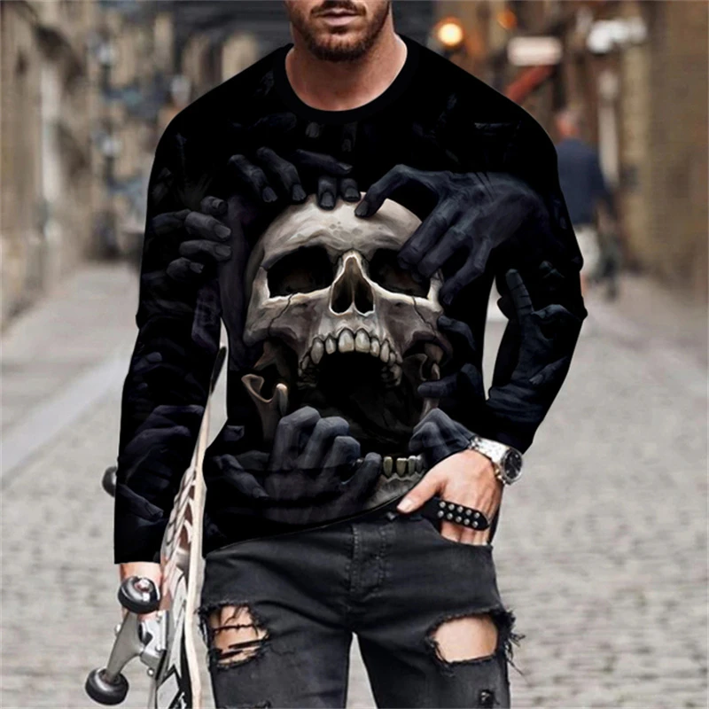 

Autumn Men T-Shirt O- Neck Comfortable Casual Tops Vintage Style 3D Skull Print Pattern Long Sleeve T-Shirt For Male Streetwear