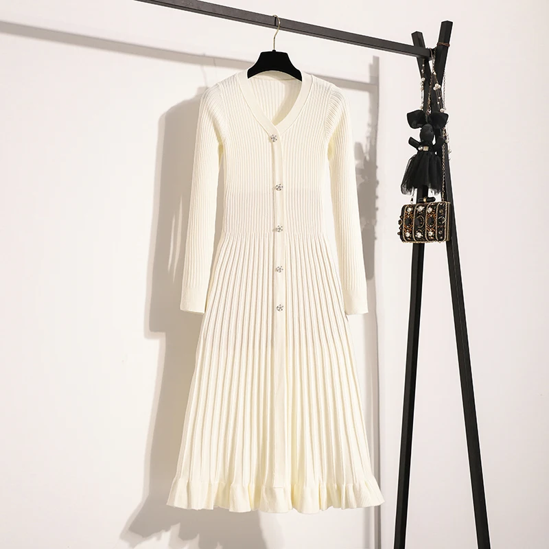 Женское однотонное вязаное платье с V-образным вырезом и длинным рукавом
