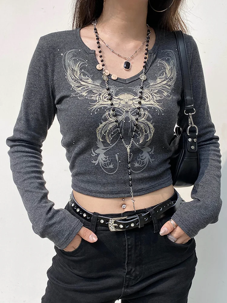 

Ladies 2022 Autumn Diamonds Sexy Y2K Clothes Tie Dye Print Long Sleeve Crop Top Korean Fashion Streetwear Vintage Women T Shirts