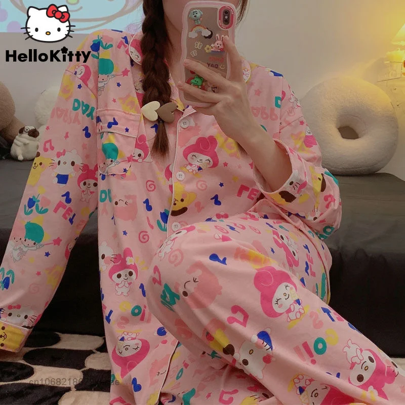

Sanrio Cartoon Melody New Home Clothes Cotton Women 2 Piece Set Korean Style Pink Cardigan Tops Wide Leg Pants Y2k Pajamas Suit