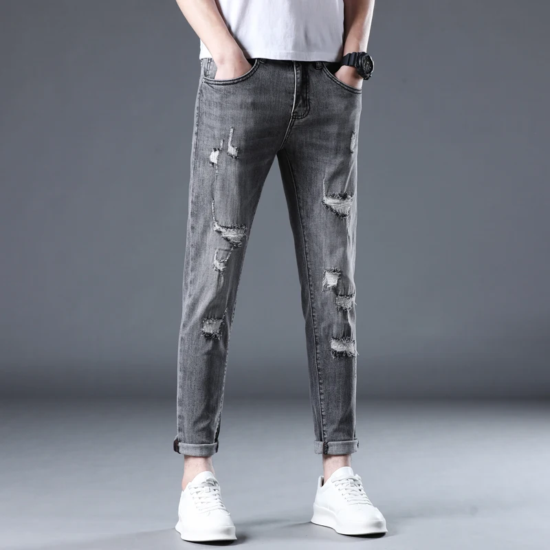 Мужские узкие джинсы в стиле хип-хоп рваные серые эластичные облегающие