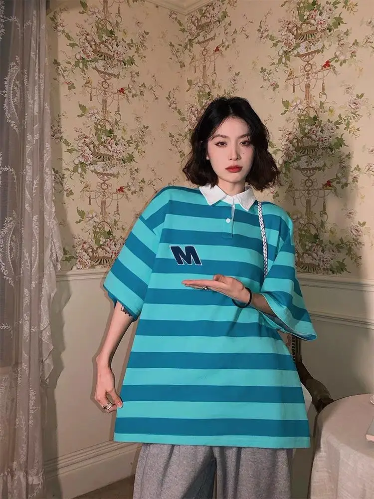 

Korean Fashion Retro Striped Oversized T-shirt Summer Loose Turn-down Collar Preppy Style Women's T-shirt Fashion Woman Blouses
