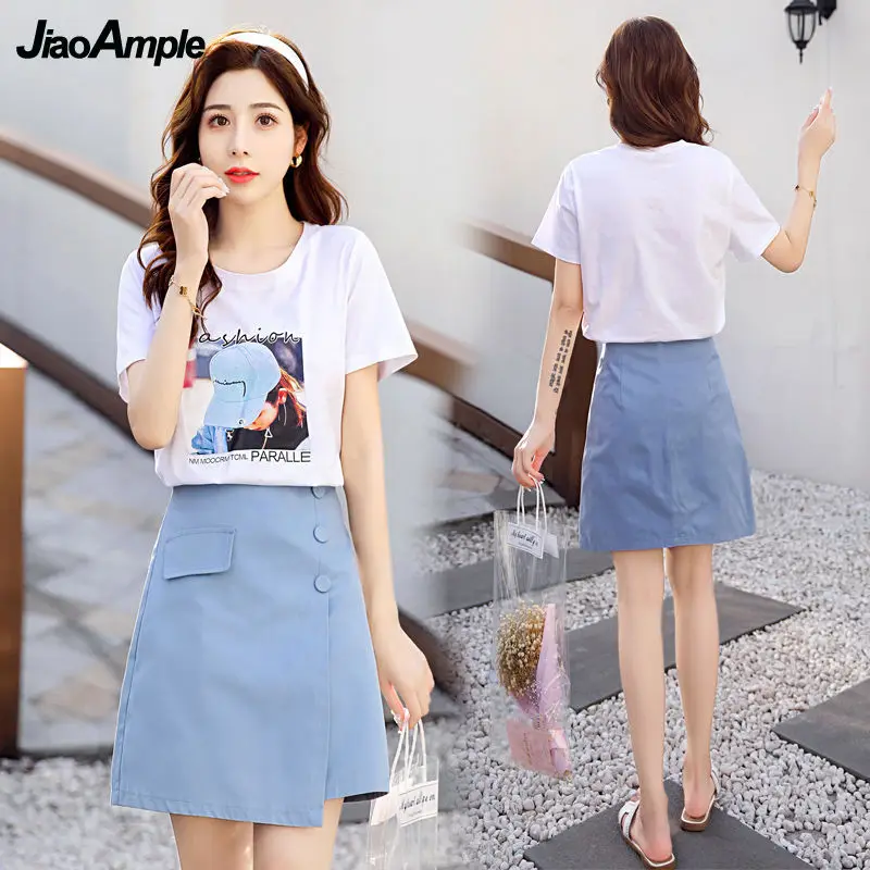 

Women's Summer Cotton T Shirt Skirts Two Piece Dress Set 2022 Korean Fashion Cartoon White Short Sleeve Tops A-line Skirt Outfit