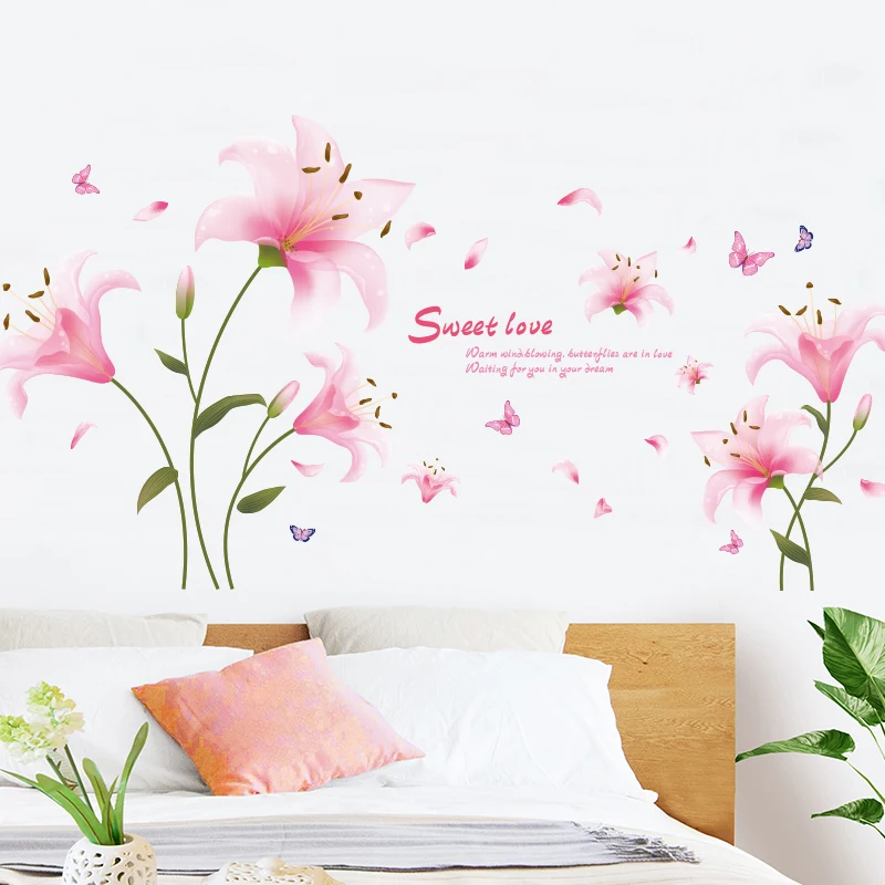 Настенные наклейки Цветы розовой лилии сделай сам на стену с растениями для