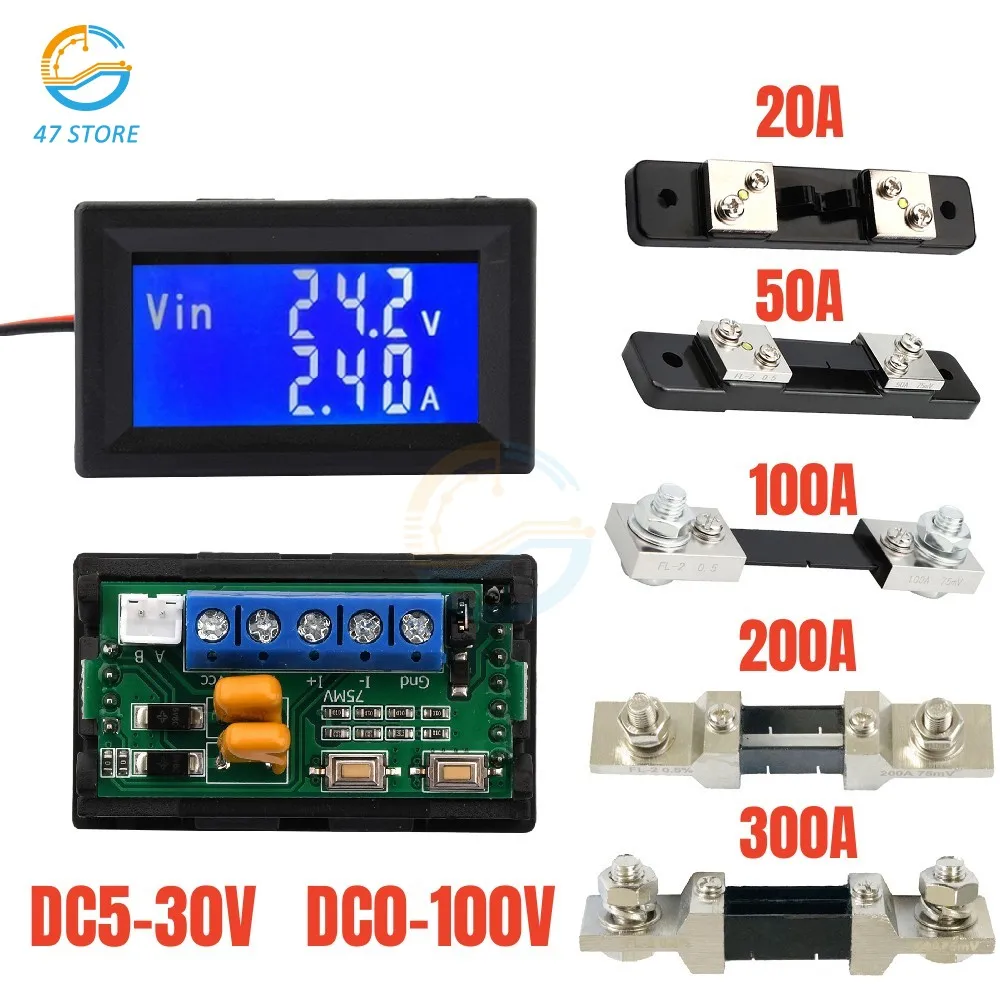 RS485 DC 5-30V 0-100V 20A 50A 100A 200A 300A двойной цифровой дисплей измеритель температуры напряжения тока Вольтметр Амперметр 75мв шунт