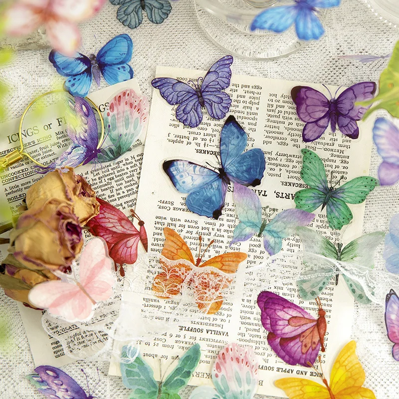 50pcs Colorful Butterfly Collection Decorative Waterproof Sticker Retro Scrapbooking Material Label Diary Cup Journal Planner