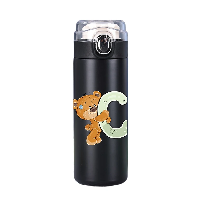 400ml Lovely Letter Printed Thermos Cup Pocket Stainless Steel Thermal Coffee Vacuum Flask Insulated Water Bottle black