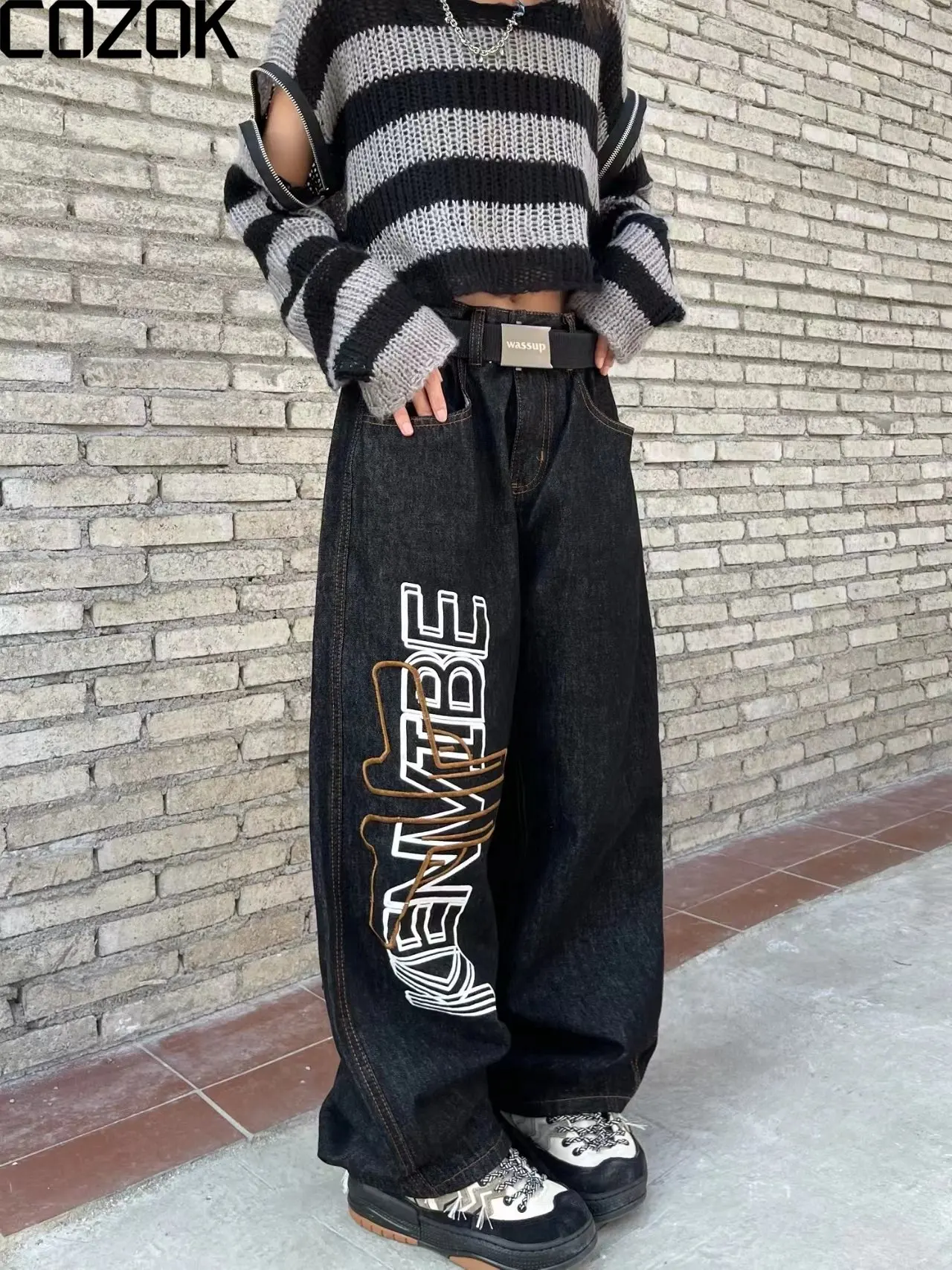 

Retro Letter Embroidery Back Pockets Gun Jeans Pants Men And Women High Street Oversized Loose Washed Straight Denim Trousers