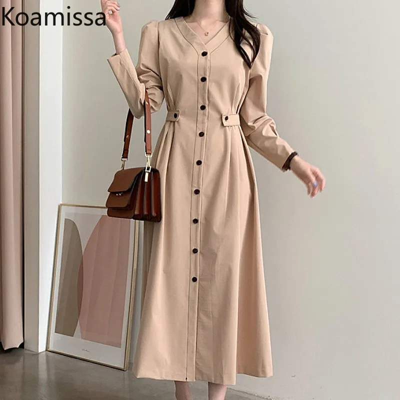 

Koamissa Elegant Spring Autumn Women Long Dress Long Sleeves V-neck Single Breasted Female Slim Boadycon Dresses Korean Vestidos