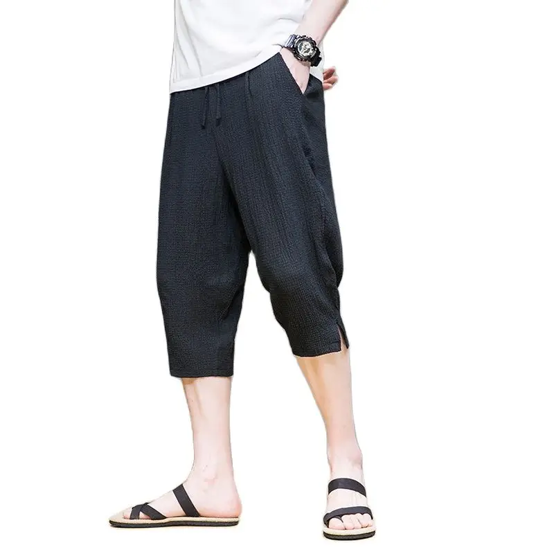 

Summer Ice Silk Chinese Style Fashion Trend High-end Pleated Cotton And Linen Pants Seven - Minute Pants Outdoor Casual Pants