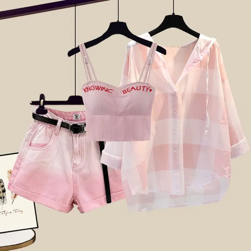 

Women's Clothes Summer Three Piece Set 2023 New Arrival Style Wear Sunscreen Shirt to Show Slim Versatile Denim Shorts Set